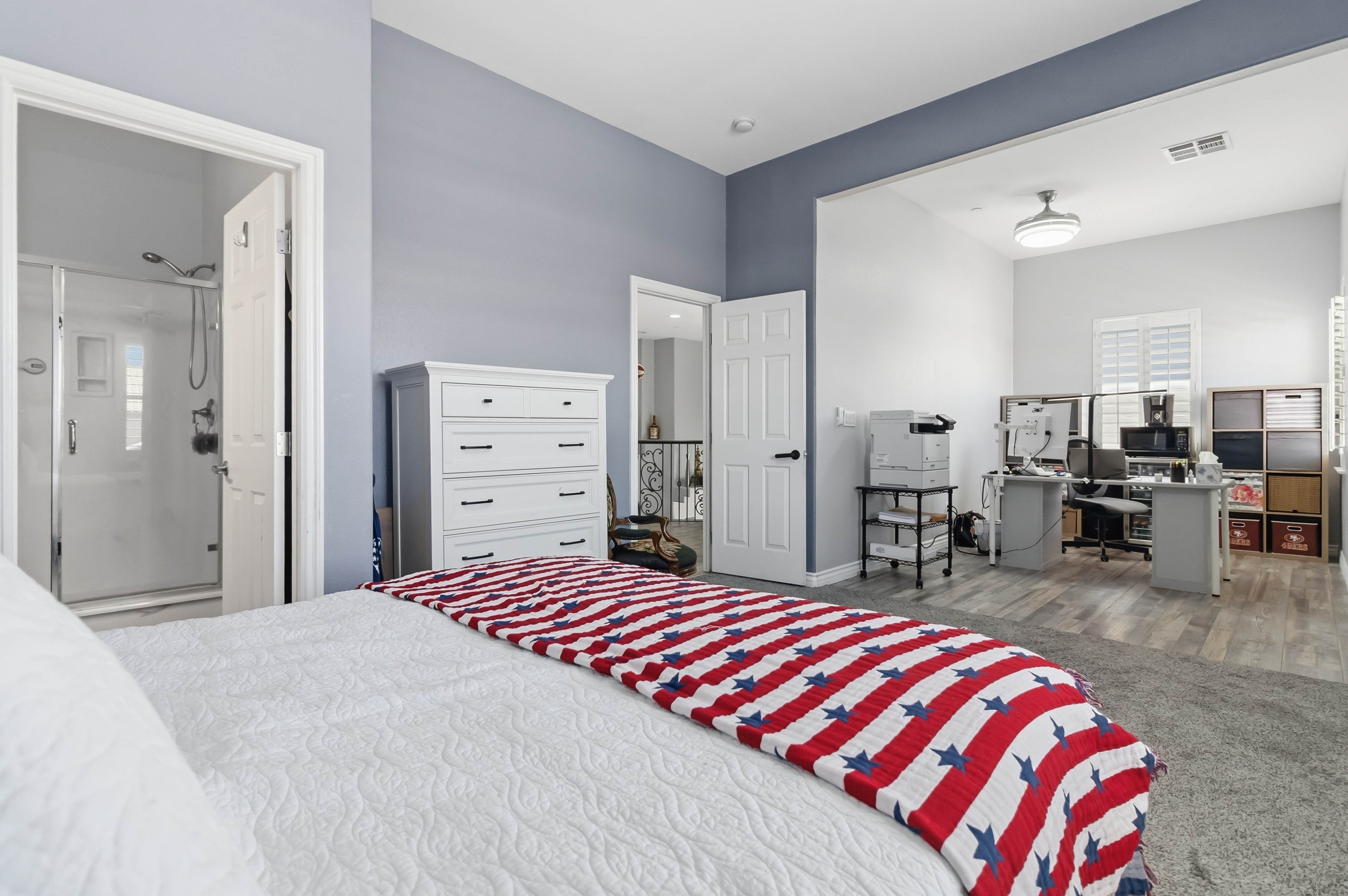 Flexible upstairs room at 9564 Trattoria Street styled as a recording or creative studio