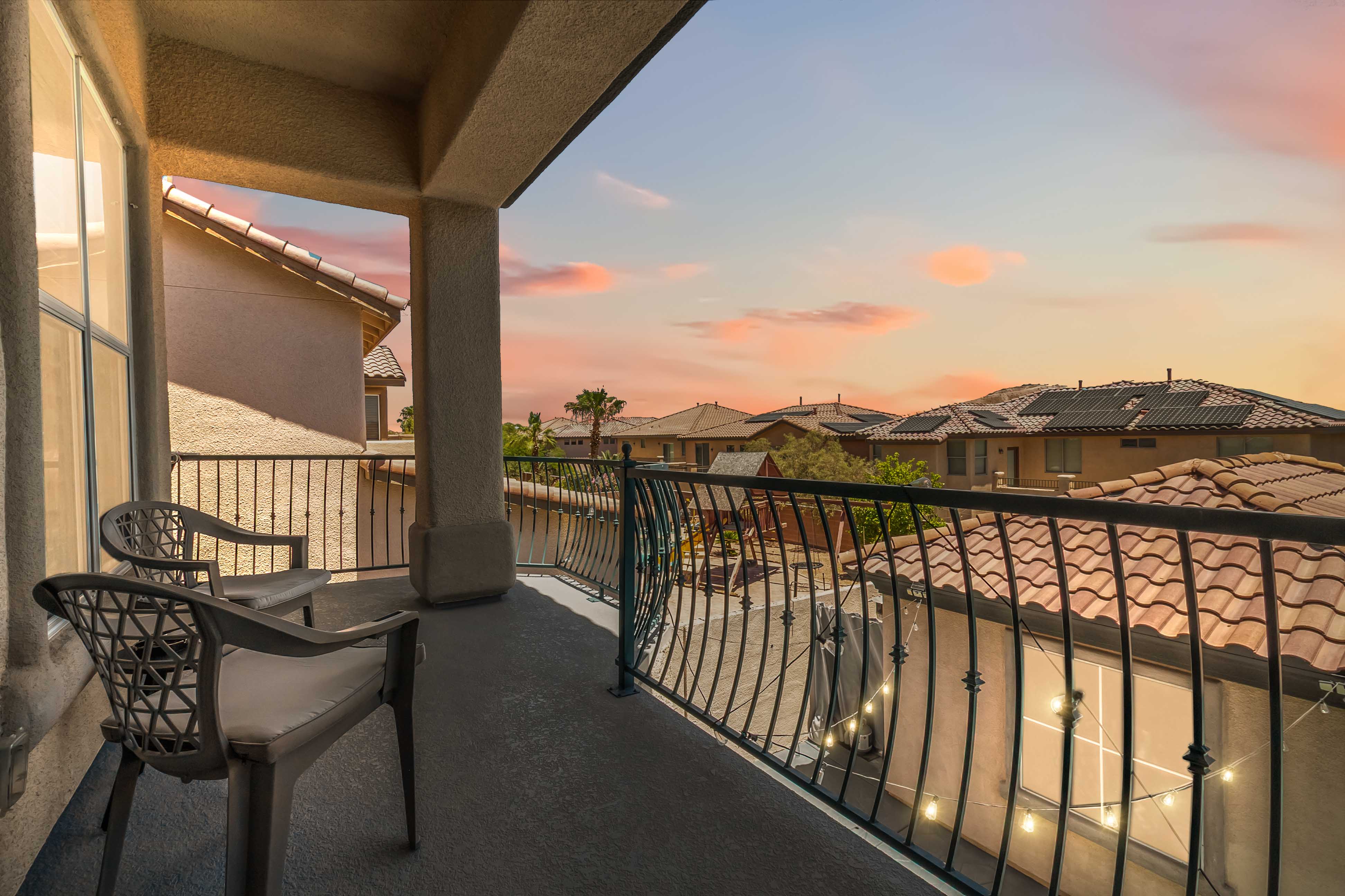 Resort-style backyard at 9564 Trattoria Street with pool, spa, and detached casita or pool house