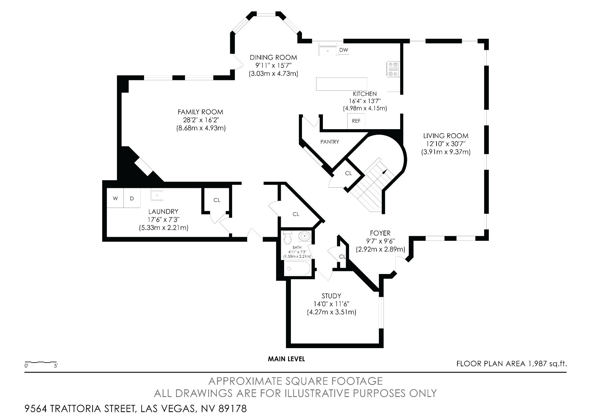 Main level floor plan for 9564 Trattoria Street showing foyer, living room, family room, kitchen, dining room, study, laundry, and bath