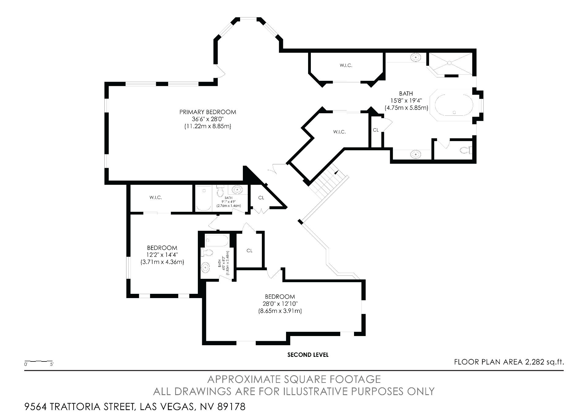 Second level floor plan for 9564 Trattoria Street showing primary suite with dual walk-in closets, two additional bedrooms, and two baths